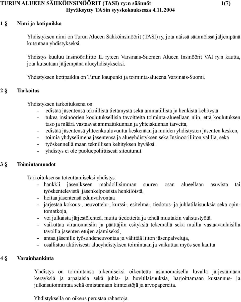 Yhdistyksen kotipaikka on Turun kaupunki ja toiminta-alueena Varsinais-Suomi.