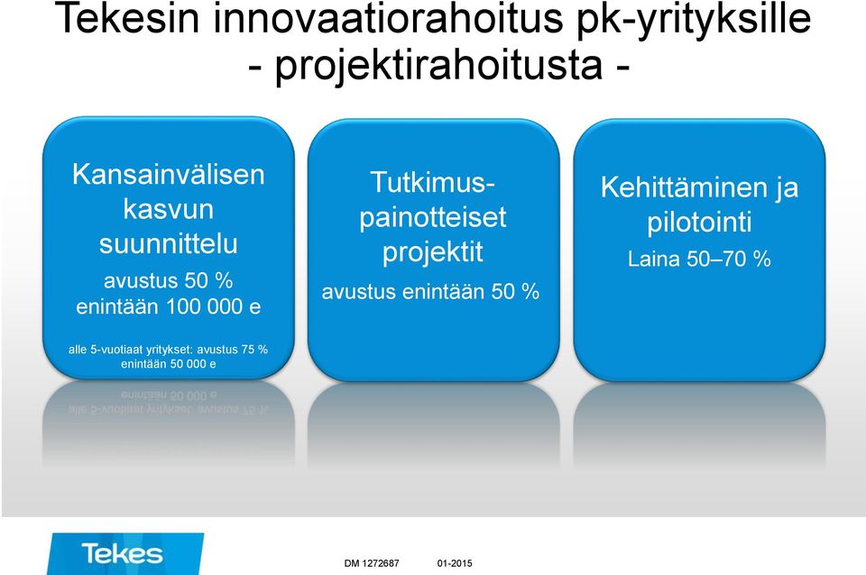 Tutkimuspainotteiset projektit avustus enintään 50 % Kehittäminen ja