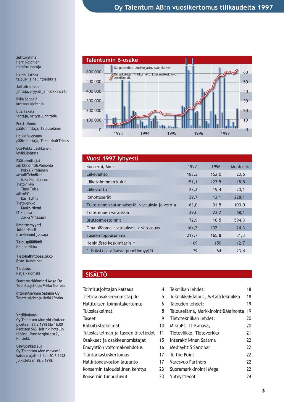 60 50 40 Ilkka SeppŠlŠ kustannusjohtaja 300 000 30 Ulla Takala johtaja, yrityssuunnittelu Pertti Monto pšštoimittaja, TalouselŠmŠ Heikki Vuonamo pšštoimittaja, Tekniikka&Talous 200 000 100 000 0 1993