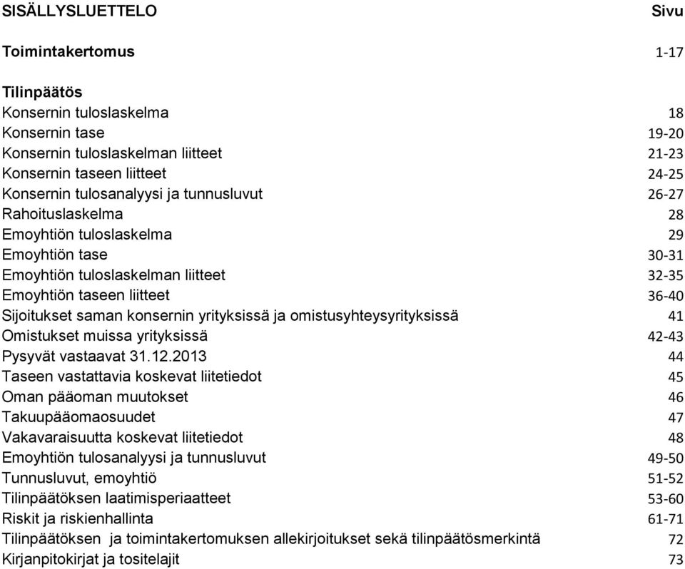 yrityksissä ja omistusyhteysyrityksissä 41 Omistukset muissa yrityksissä 42-43 Pysyvät vastaavat 31.12.