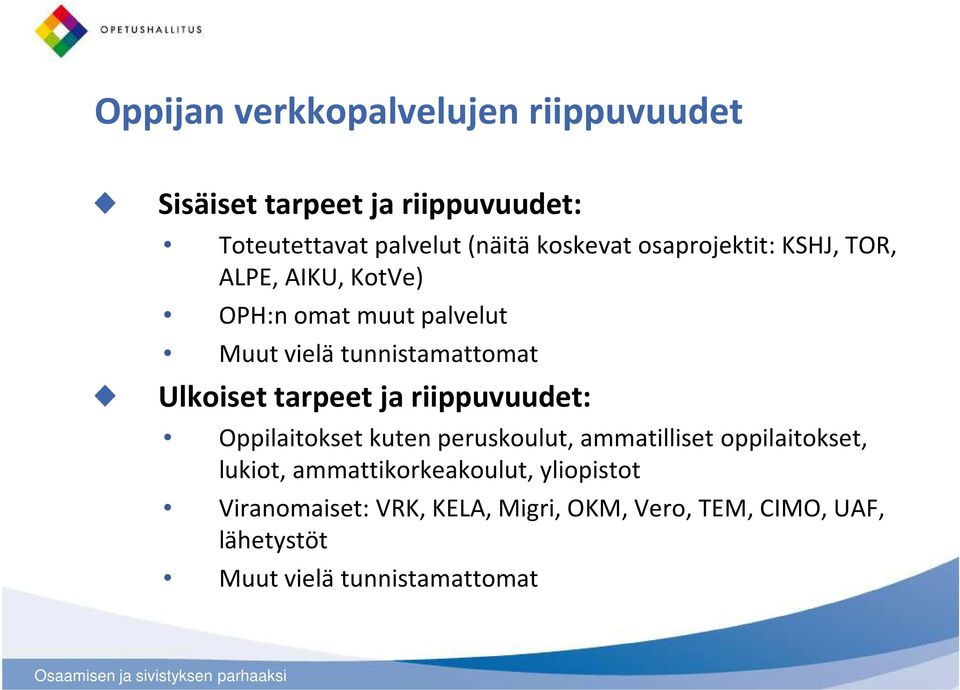 Ulkoiset tarpeet ja riippuvuudet: Oppilaitokset kuten peruskoulut, ammatilliset oppilaitokset, lukiot,