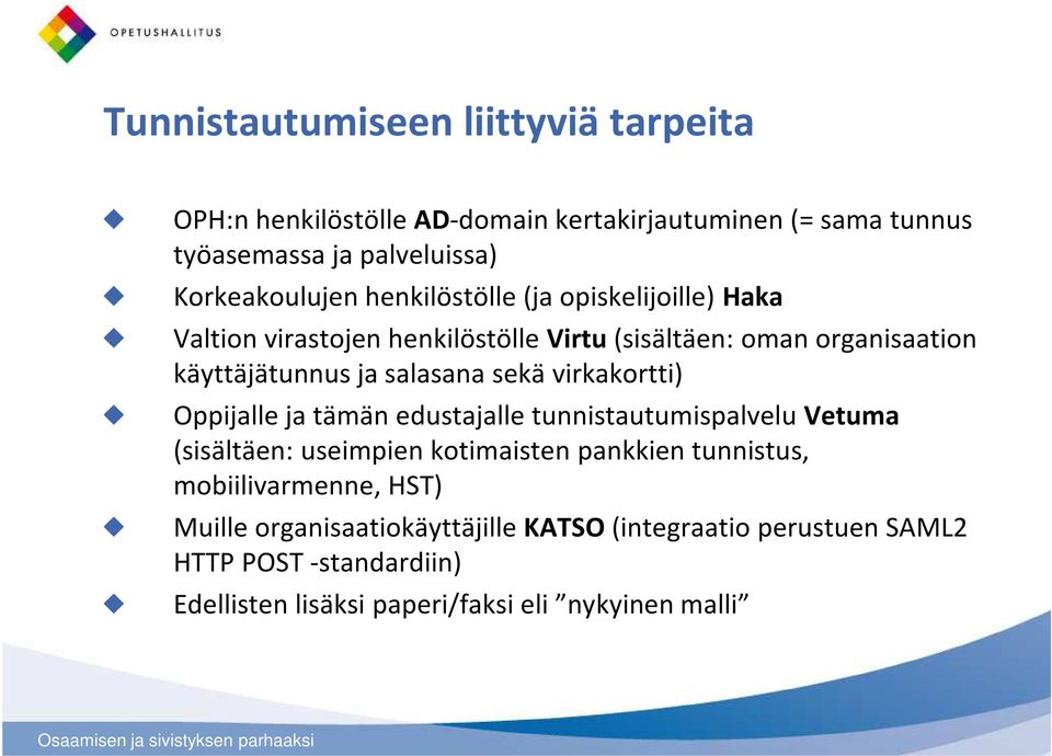 virkakortti) Oppijalle ja tämän edustajalle tunnistautumispalvelu Vetuma (sisältäen: useimpien kotimaisten pankkien tunnistus,