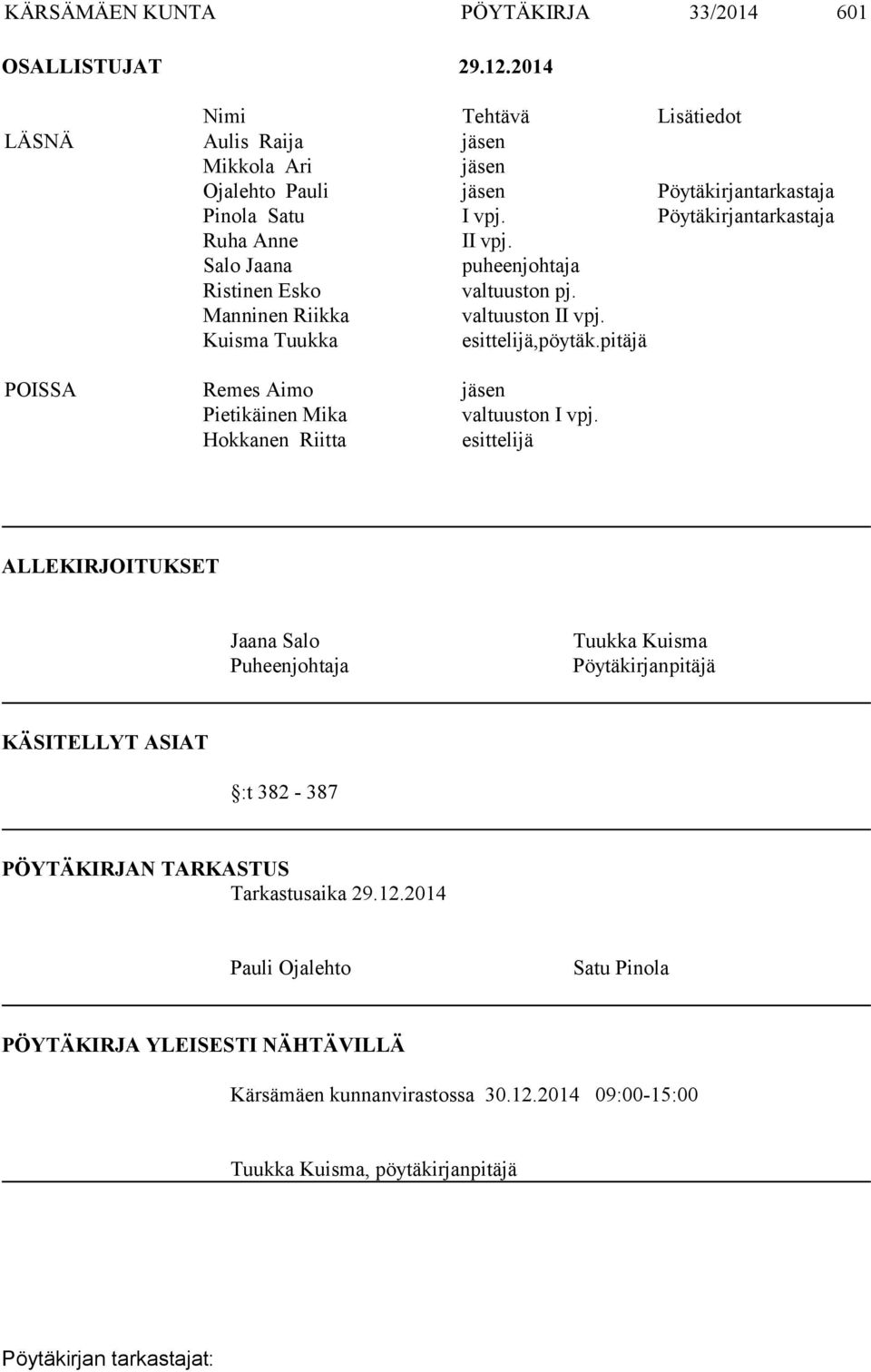 Salo Jaana puheenjohtaja Ristinen Esko valtuuston pj. Manninen Riikka valtuuston II vpj. Kuisma Tuukka esittelijä,pöytäk.