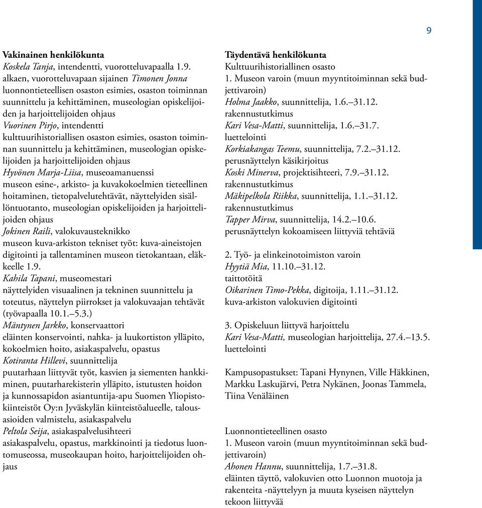 museologian opis kelijoiden ja harjoittelijoiden ohjaus Hyvönen Marja-Liisa, museoamanuenssi museon esine-, arkisto- ja kuvakokoelmien tieteellinen hoitaminen, tietopalvelutehtävät, näyttelyiden