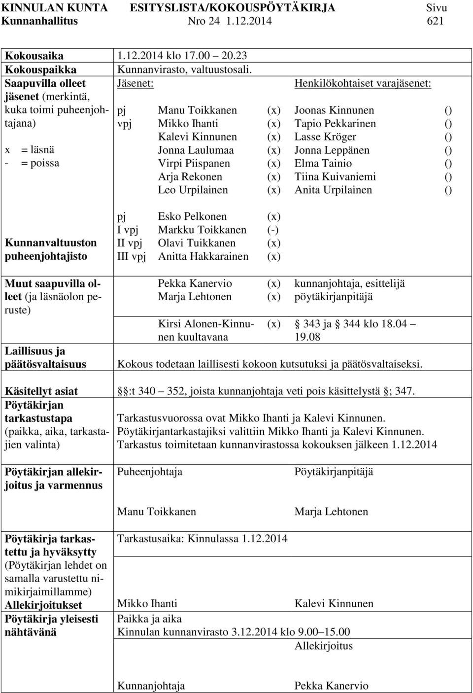 Urpilainen Henkilökohtaiset varajäsenet: Joonas Kinnunen Tapio Pekkarinen Lasse Kröger Jonna Leppänen Elma Tainio Tiina Kuivaniemi Anita Urpilainen () () () () () () () Kunnanvaltuuston