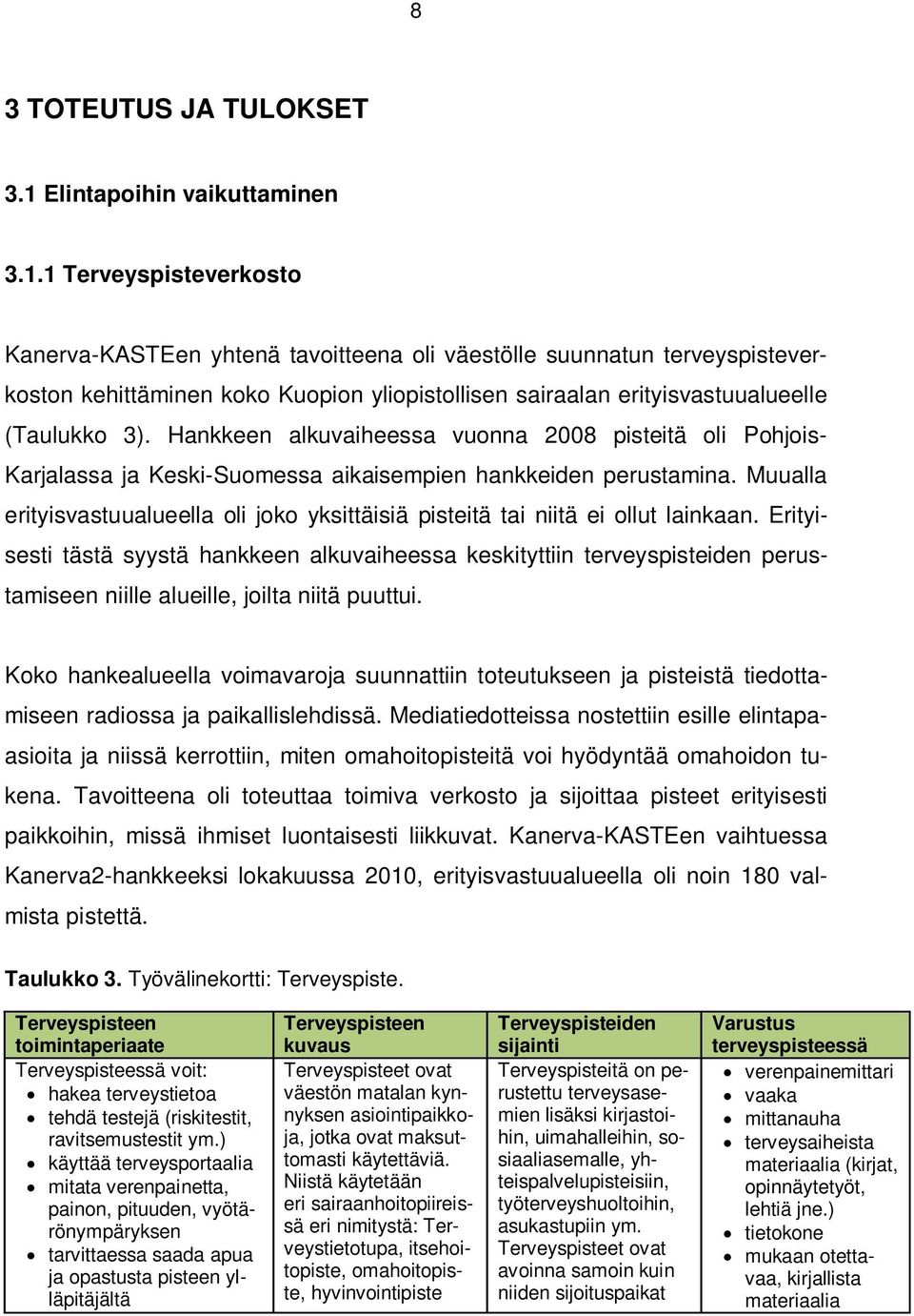 1 Terveyspisteverkosto Kanerva-KASTEen yhtenä tavoitteena oli väestölle suunnatun terveyspisteverkoston kehittäminen koko Kuopion yliopistollisen sairaalan erityisvastuualueelle (Taulukko 3).