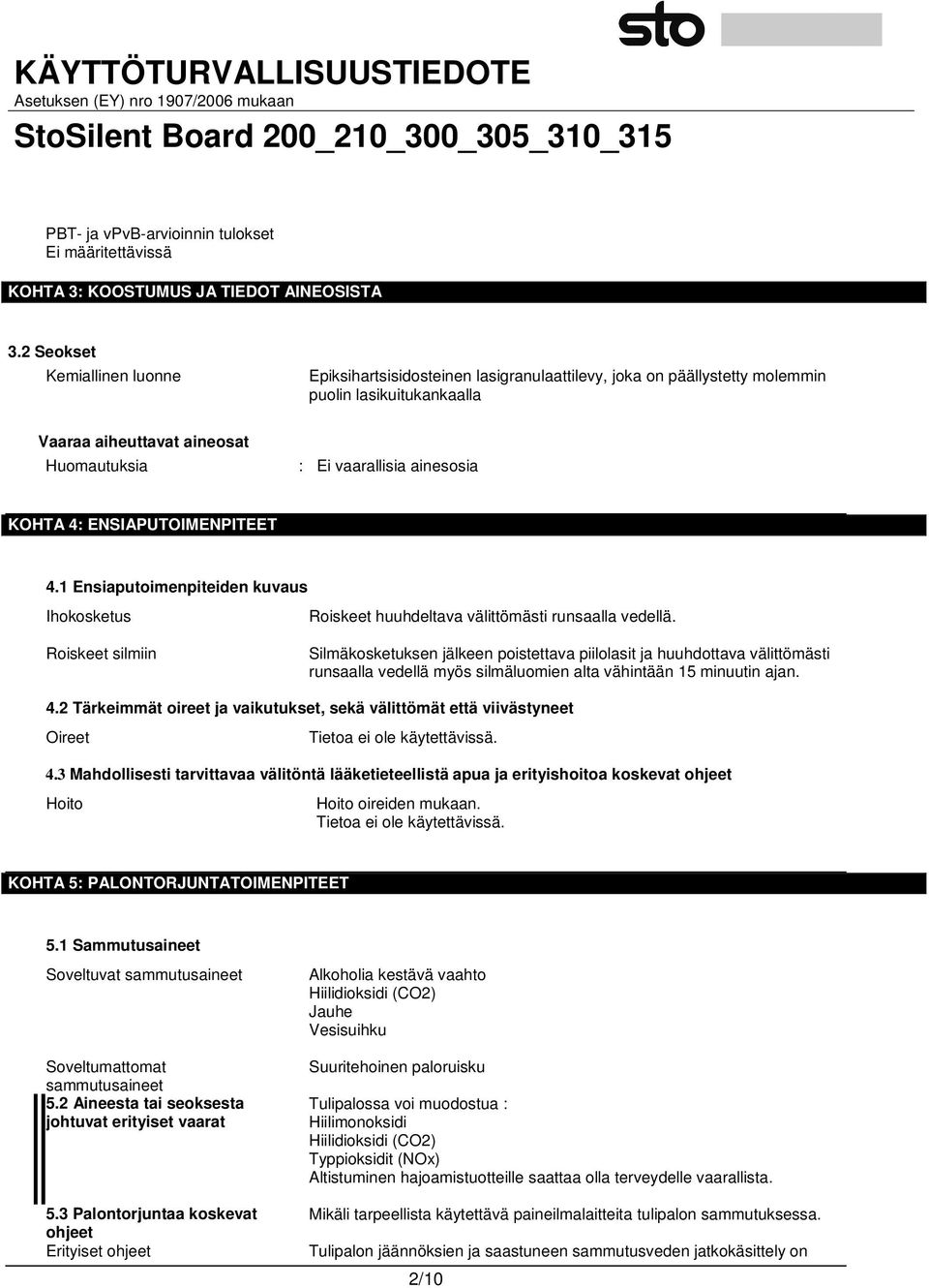 KOHTA 4: ENSIAPUTOIMENPITEET 4.1 Ensiaputoimenpiteiden kuvaus Ihokosketus Roiskeet huuhdeltava välittömästi runsaalla vedellä.