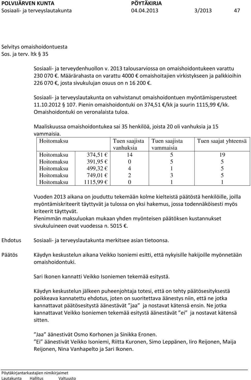 Sosiaali- ja terveyslautakunta on vahvistanut omaishoidontuen myöntämisperusteet 11.10.2012 107. Pienin omaishoidontuki on 374,51 /kk ja suurin 1115,99 /kk. Omaishoidontuki on veronalaista tuloa.