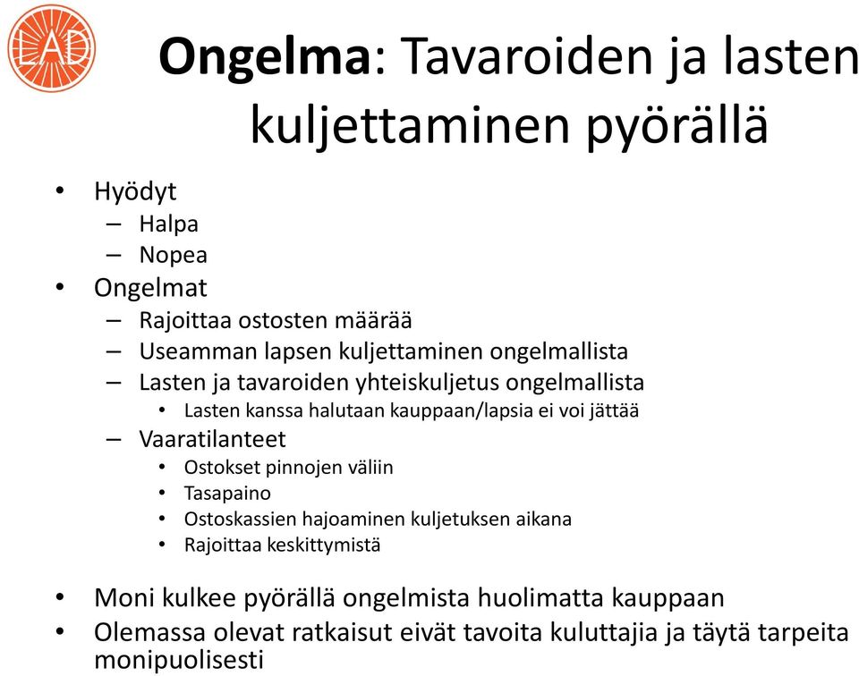 jättää Vaaratilanteet Ostokset pinnojen väliin Tasapaino Ostoskassien hajoaminen kuljetuksen aikana Rajoittaa keskittymistä