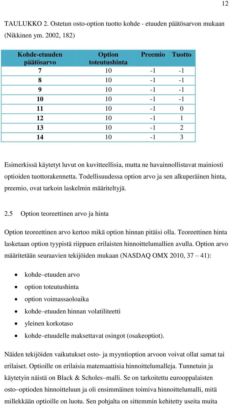 mutta ne havainnollistavat mainiosti optioiden tuottorakennetta. Todellisuudessa option arvo ja sen alkuperäinen hinta, preemio, ovat tarkoin laskelmin määriteltyjä. 2.