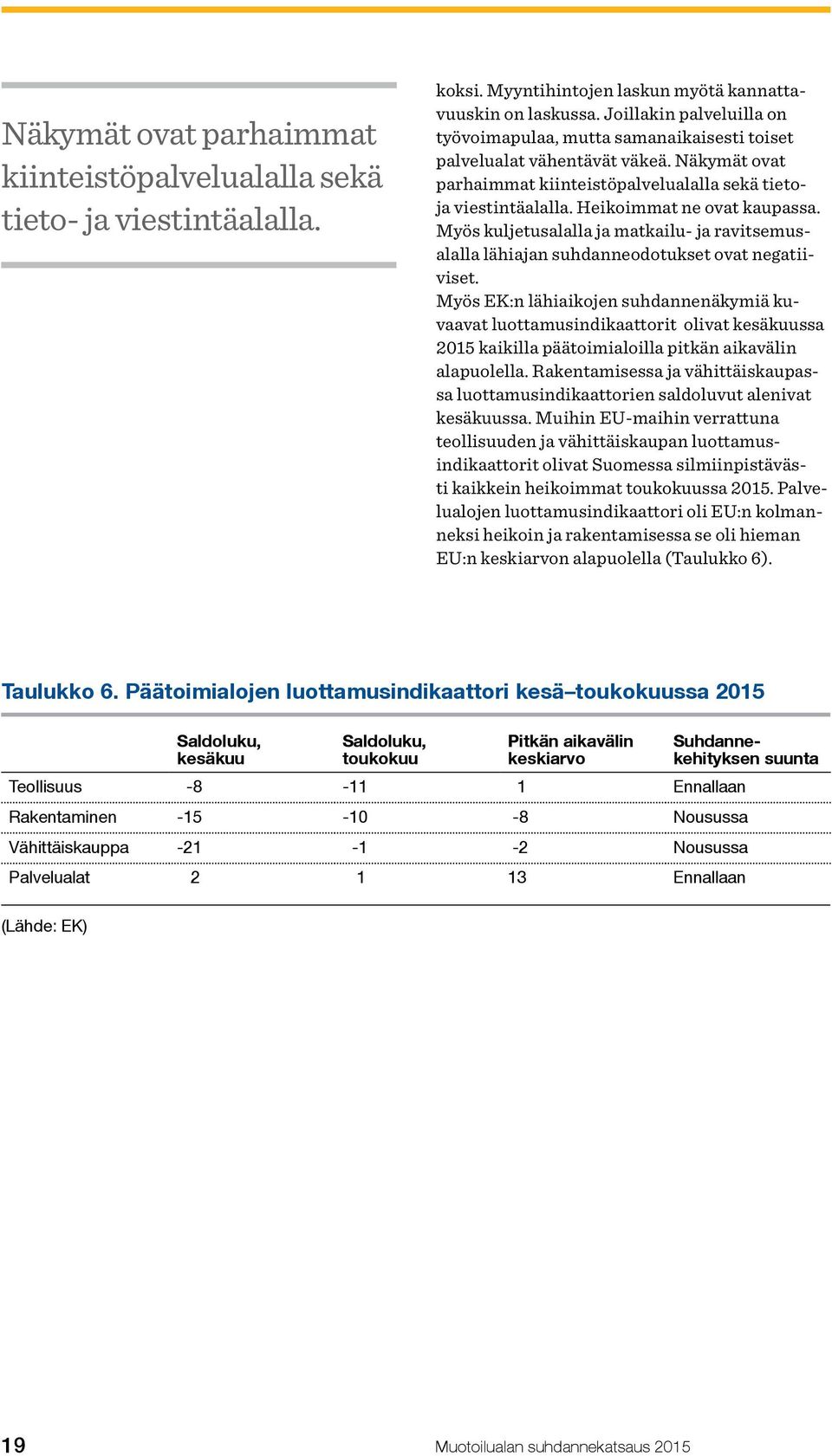 Heikoimmat ne ovat kaupassa. Myös kuljetusalalla ja matkailu- ja ravitsemusalalla lähiajan suhdanneodotukset ovat negatiiviset.