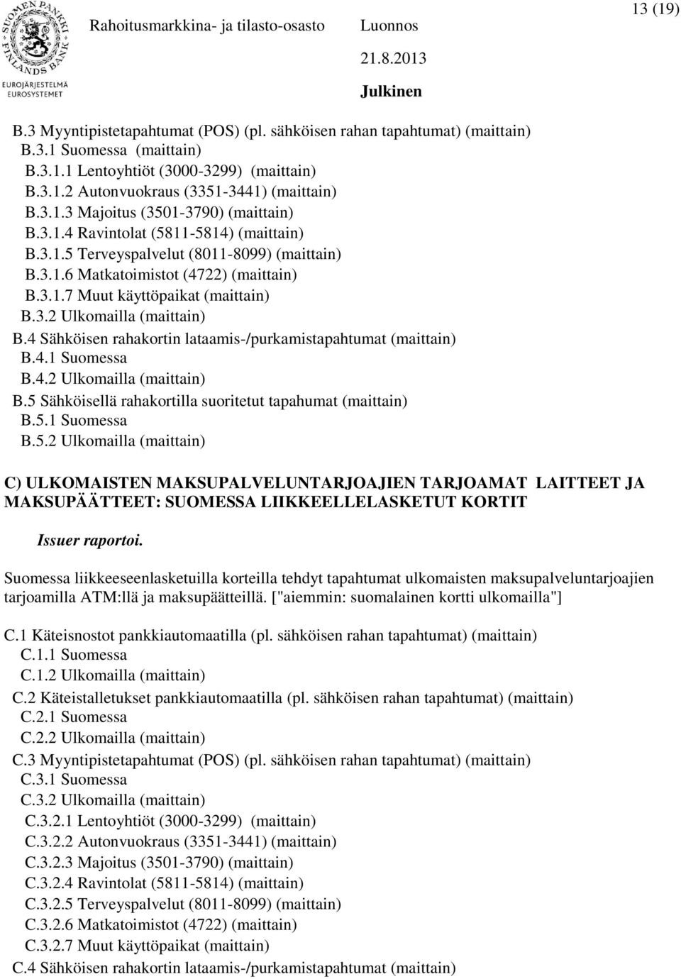 3.2 Ulkomailla (maittain) B.4 Sähköisen rahakortin lataamis-/purkamistapahtumat (maittain) B.4.1 Suomessa B.4.2 Ulkomailla (maittain) B.5 