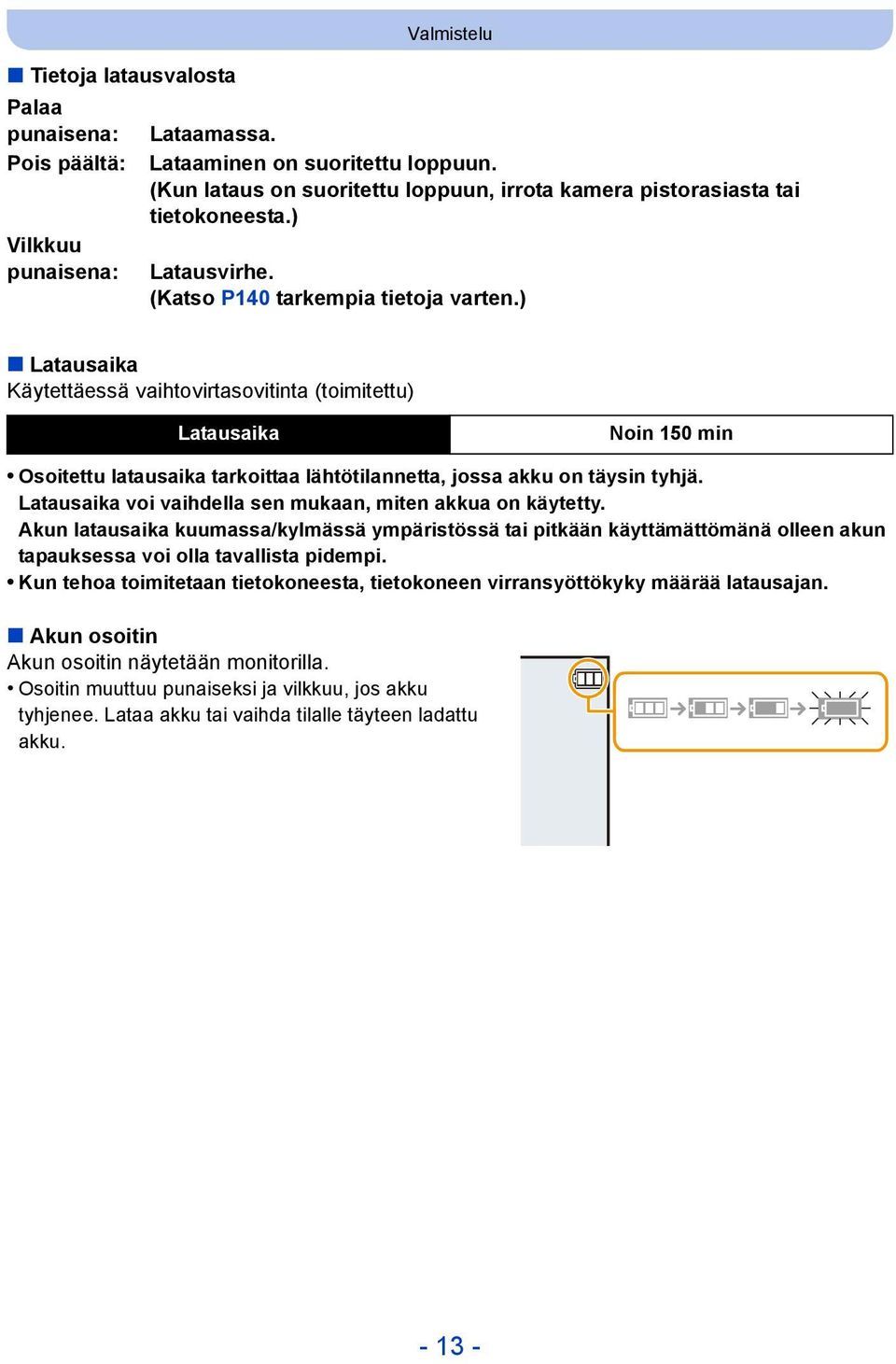 ) Latausaika Käytettäessä vaihtovirtasovitinta (toimitettu) Latausaika Noin 150 min Osoitettu latausaika tarkoittaa lähtötilannetta, jossa akku on täysin tyhjä.