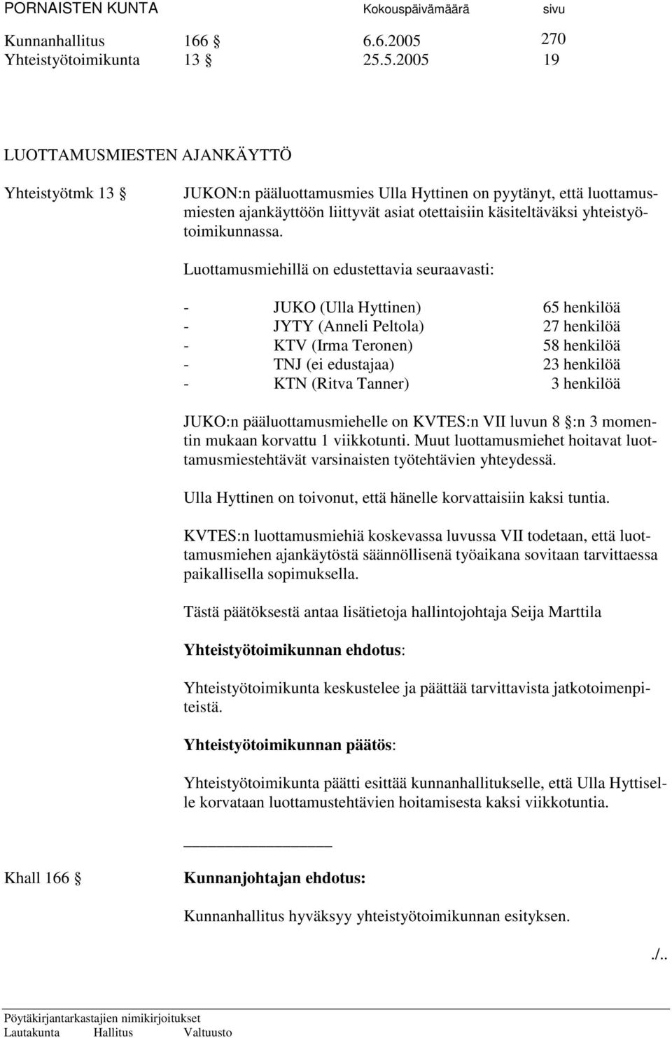 5.2005 19 LUOTTAMUSMIESTEN AJANKÄYTTÖ Yhteistyötmk 13 JUKON:n pääluottamusmies Ulla Hyttinen on pyytänyt, että luottamusmiesten ajankäyttöön liittyvät asiat otettaisiin käsiteltäväksi