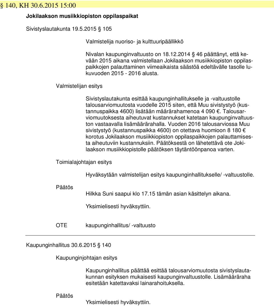 Sivistyslautakunta esittää kaupunginhallitukselle ja -valtuustolle talousarviomuutosta vuodelle 2015 siten, että Muu sivistystyö (kustannuspaikka 4600) lisätään määrärahamenoa 4 090.