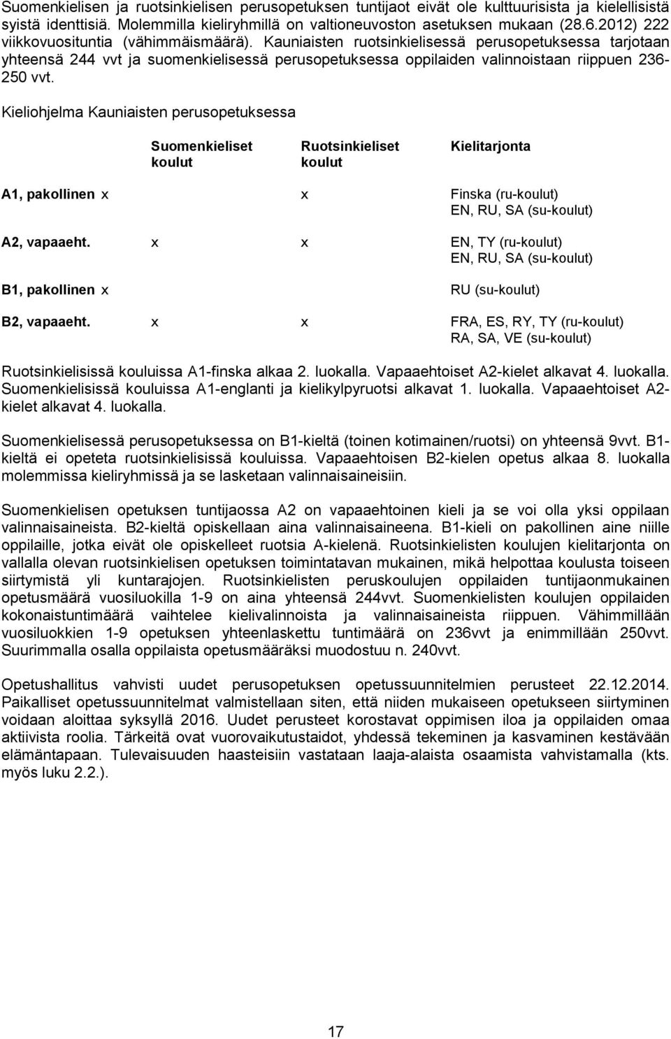 Kauniaisten ruotsinkielisessä perusopetuksessa tarjotaan yhteensä 244 vvt ja suomenkielisessä perusopetuksessa oppilaiden valinnoistaan riippuen 236-250 vvt.