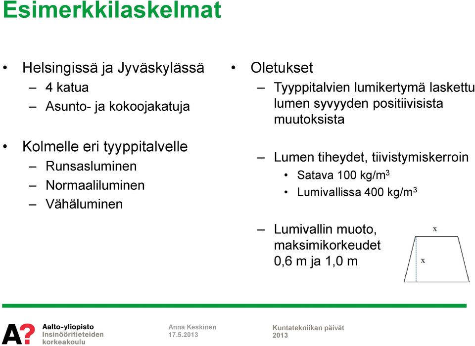 lumikertymä laskettu lumen syvyyden positiivisista muutoksista Lumen tiheydet,
