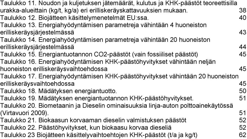 Energiahyödyntämisen parametreja vähintään 20 huoneiston erilliskeräysjärjestelmässä 44 Taulukko 15. Energiantuotannon CO2-päästöt (vain fossiiliset päästöt) 45 Taulukko 16.