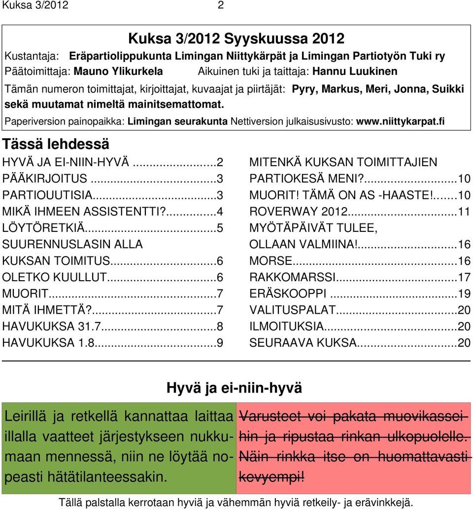 Paperiversion painopaikka: Limingan seurakunta Nettiversion julkaisusivusto: www.niittykarpat.fi Tässä lehdessä HYVÄ JA EI-NIIN-HYVÄ...2 PÄÄKIRJOITUS...3 PARTIOUUTISIA...3 MIKÄ IHMEEN ASSISTENTTI?