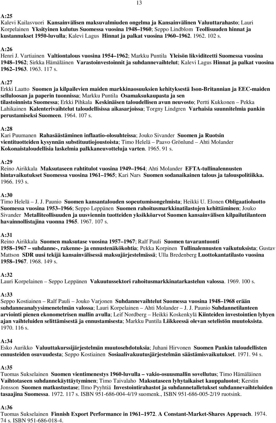 Vartiainen Valtiontalous vuosina 1954 1962; Markku Puntila Yleisön likviditeetti Suomessa vuosina 1948 1962; Sirkka Hämäläinen Varastoinvestoinnit ja suhdannevaihtelut; Kalevi Lagus Hinnat ja palkat