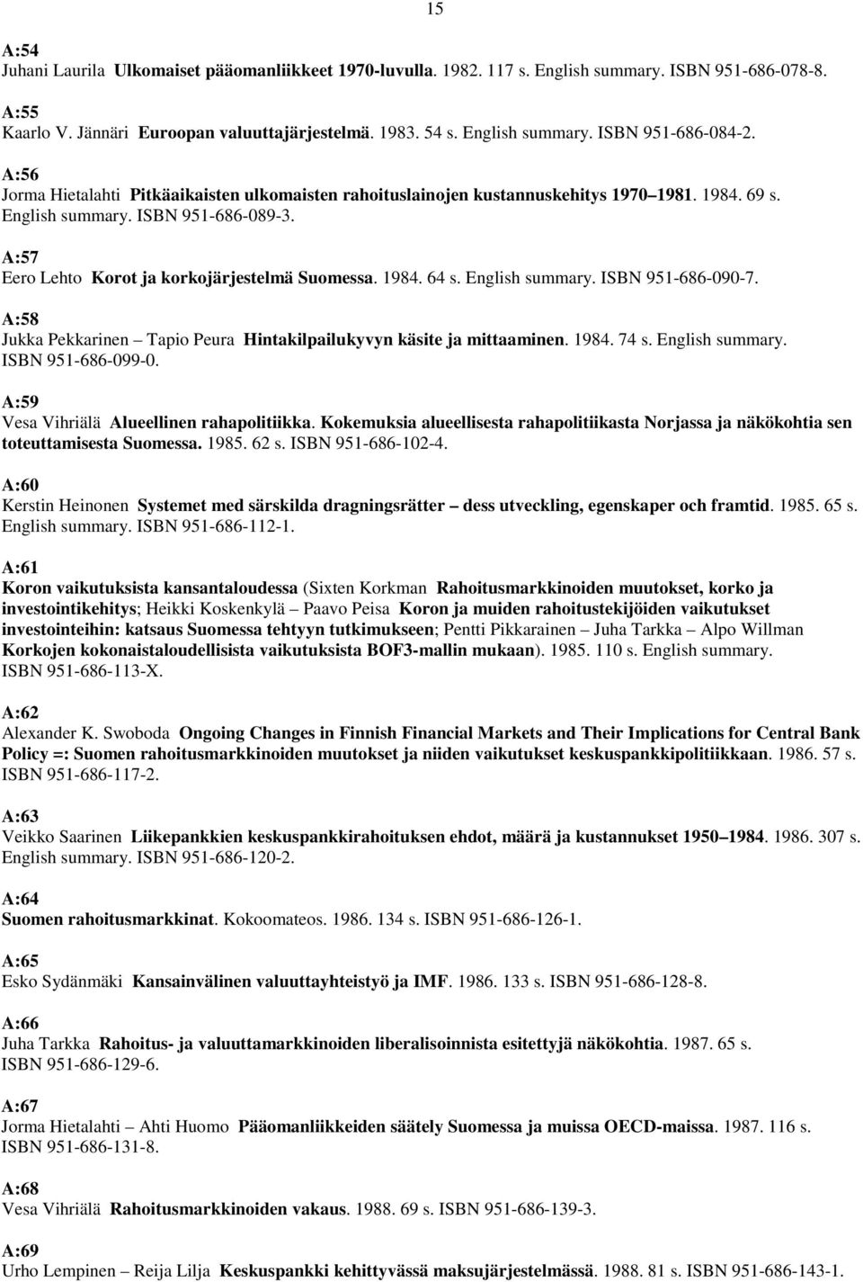 English summary. ISBN 951-686-090-7. A:58 Jukka Pekkarinen Tapio Peura Hintakilpailukyvyn käsite ja mittaaminen. 1984. 74 s. English summary. ISBN 951-686-099-0.