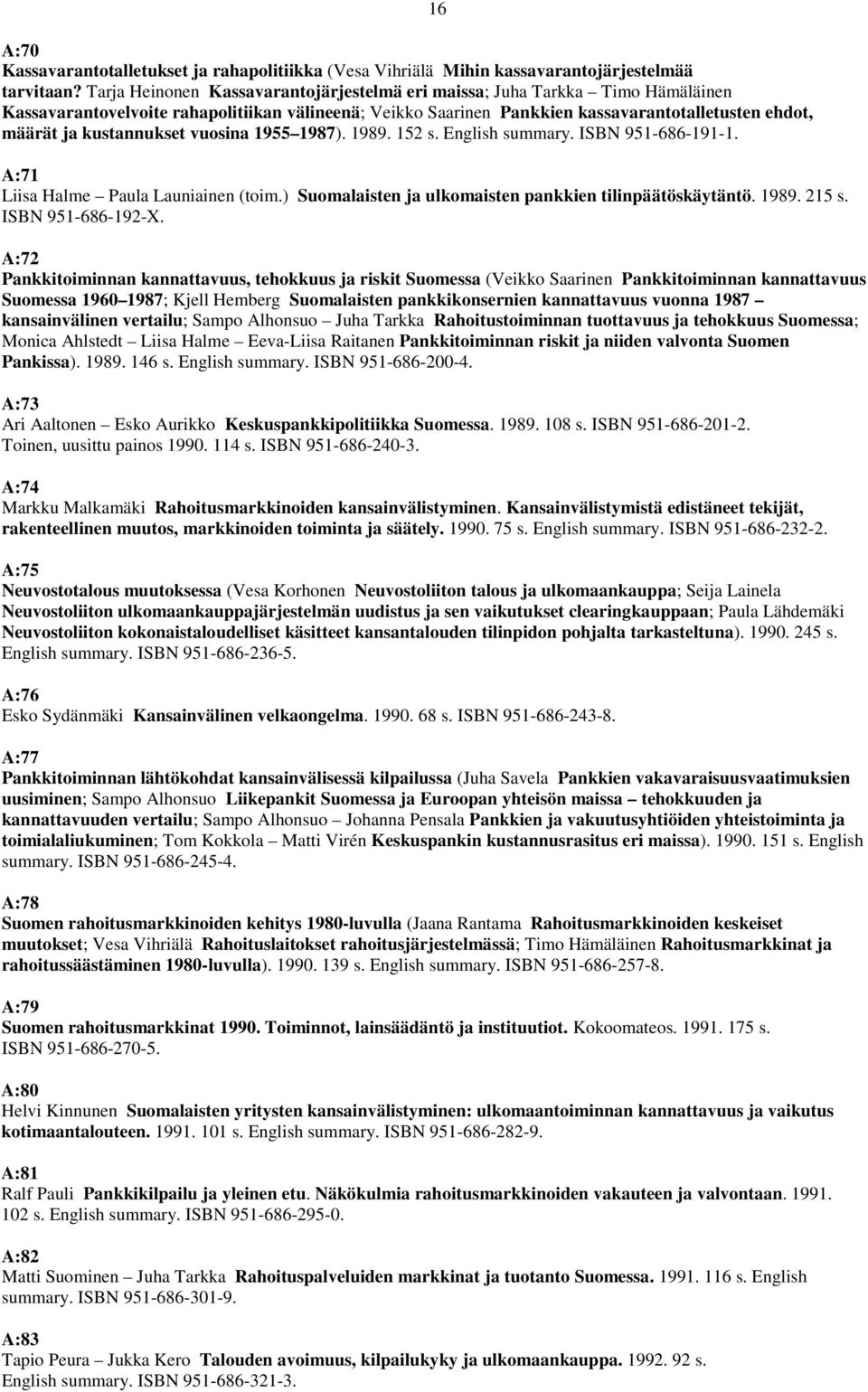 kustannukset vuosina 1955 1987). 1989. 152 s. English summary. ISBN 951-686-191-1. 16 A:71 Liisa Halme Paula Launiainen (toim.) Suomalaisten ja ulkomaisten pankkien tilinpäätöskäytäntö. 1989. 215 s.