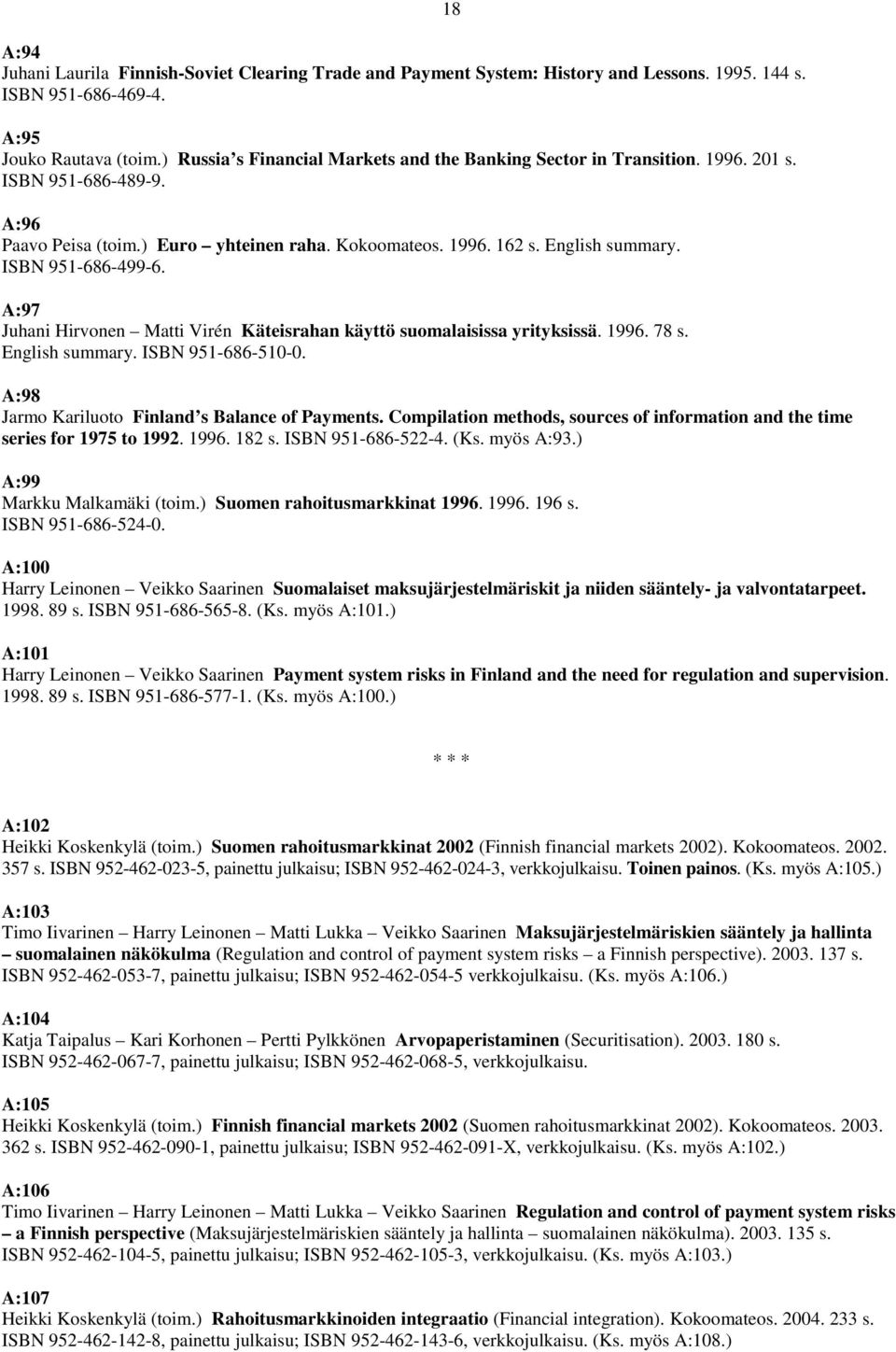 ISBN 951-686-499-6. A:97 Juhani Hirvonen Matti Virén Käteisrahan käyttö suomalaisissa yrityksissä. 1996. 78 s. English summary. ISBN 951-686-510-0. A:98 Jarmo Kariluoto Finland s Balance of Payments.