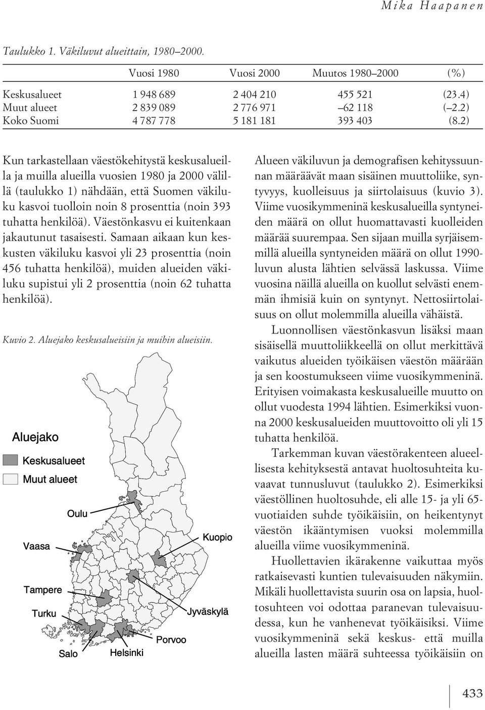 2) Kun tarkastellaan väestökehitystä keskusalueilla ja muilla alueilla vuosien 1980 ja 2000 välillä (taulukko 1) nähdään, että Suomen väkiluku kasvoi tuolloin noin 8 prosenttia (noin 393 tuhatta