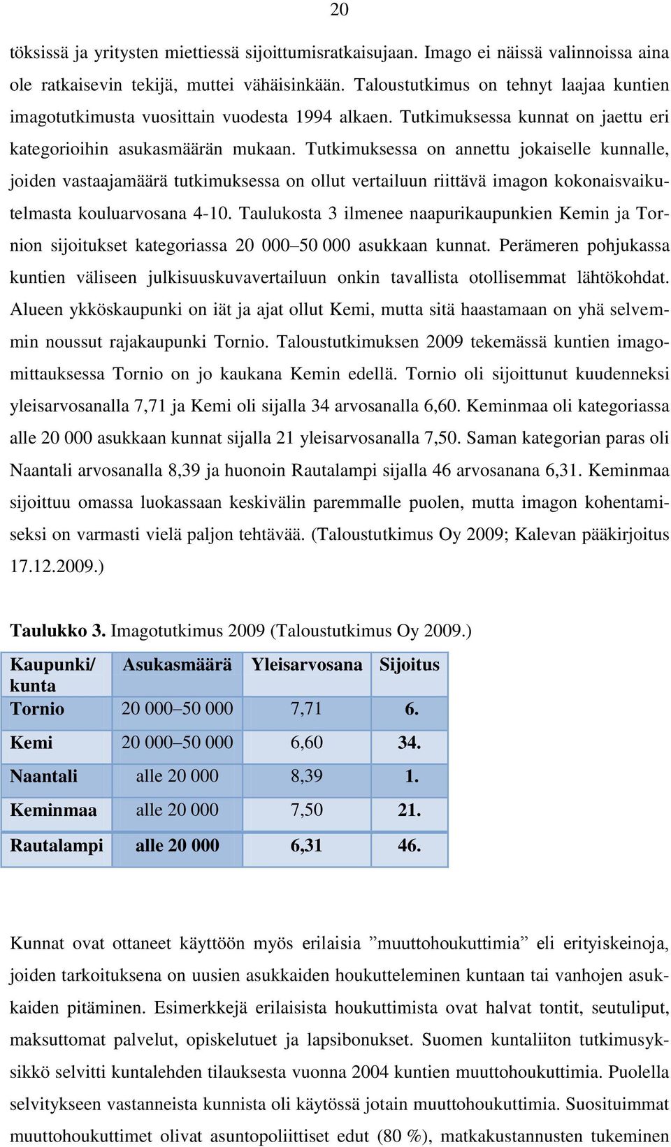 Tutkimuksessa on annettu jokaiselle kunnalle, joiden vastaajamäärä tutkimuksessa on ollut vertailuun riittävä imagon kokonaisvaikutelmasta kouluarvosana 4-10.