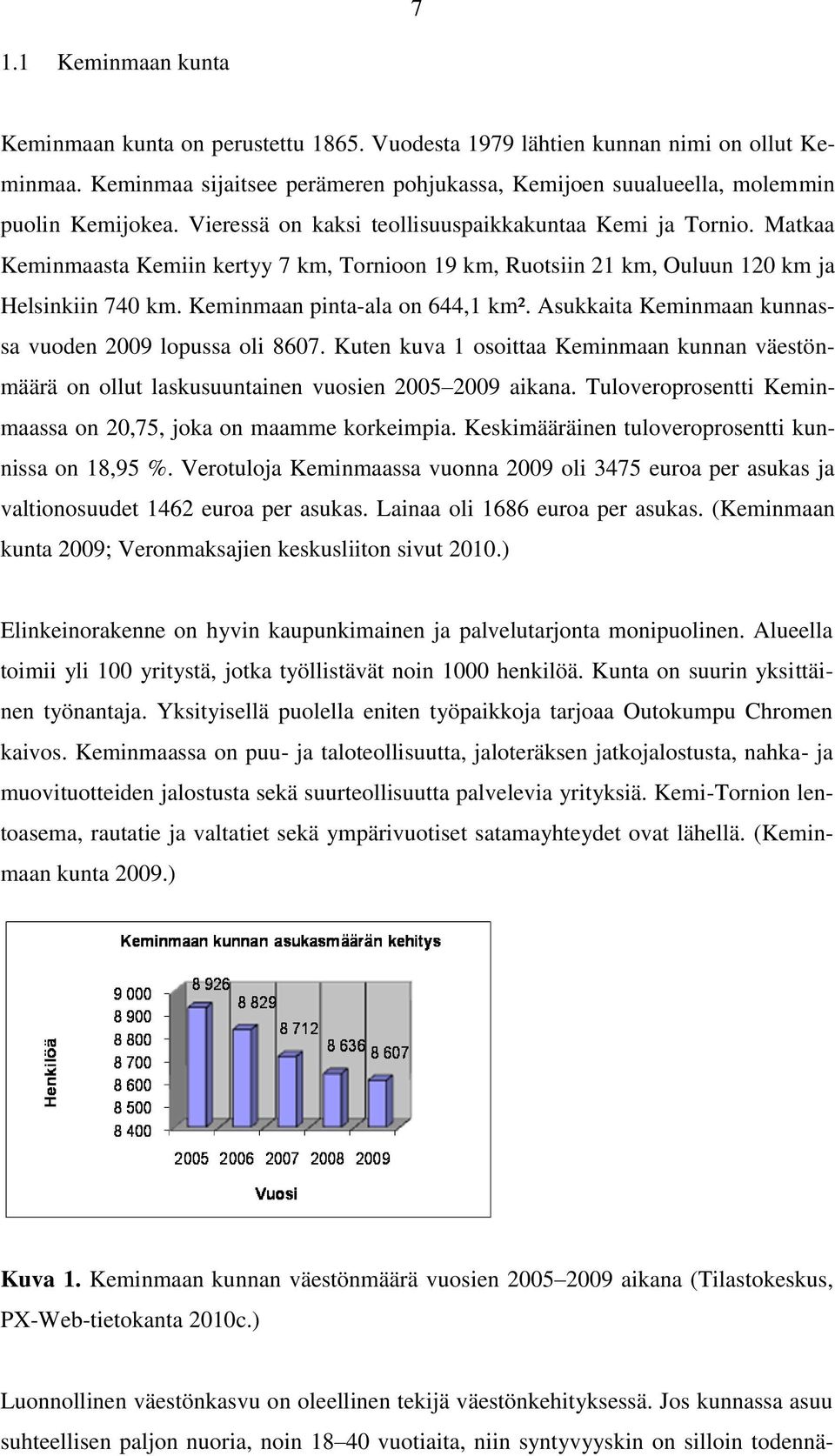 Asukkaita Keminmaan kunnassa vuoden 2009 lopussa oli 8607. Kuten kuva 1 osoittaa Keminmaan kunnan väestönmäärä on ollut laskusuuntainen vuosien 2005 2009 aikana.