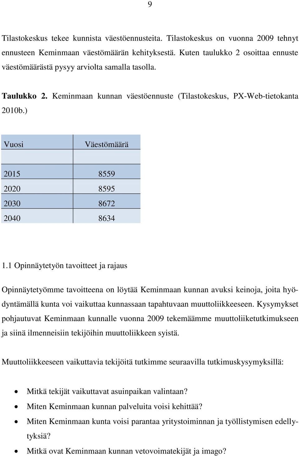 ) Vuosi Väestömäärä 2015 8559 2020 8595 2030 8672 2040 8634 1.