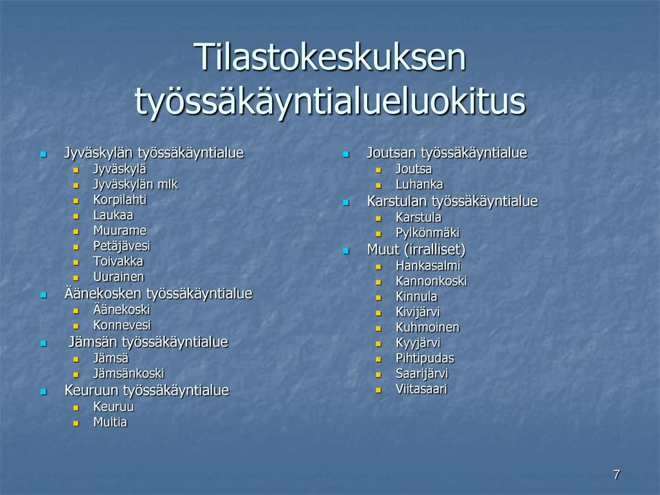 Jämsänkoski Keuruun työssäkäyntialue Keuruu Multia Joutsan työssäkäyntialue Joutsa Luhanka Karstulan työssäkäyntialue
