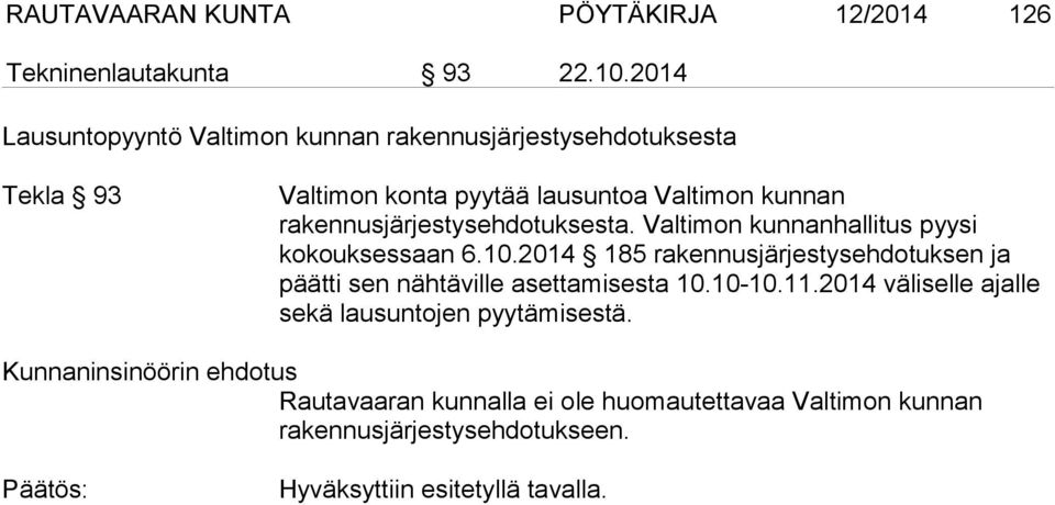 rakennusjärjestysehdotuksesta. Valtimon kunnanhallitus pyysi kokouksessaan 6.10.