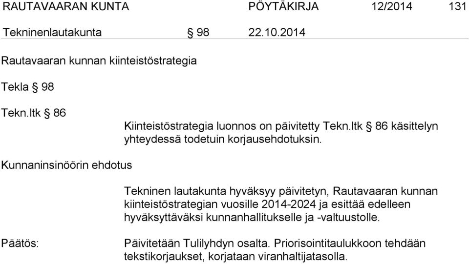 Kunnaninsinöörin ehdotus Tekninen lautakunta hyväksyy päivitetyn, Rautavaaran kunnan kiinteistöstrategian vuosille 2014-2024 ja esittää