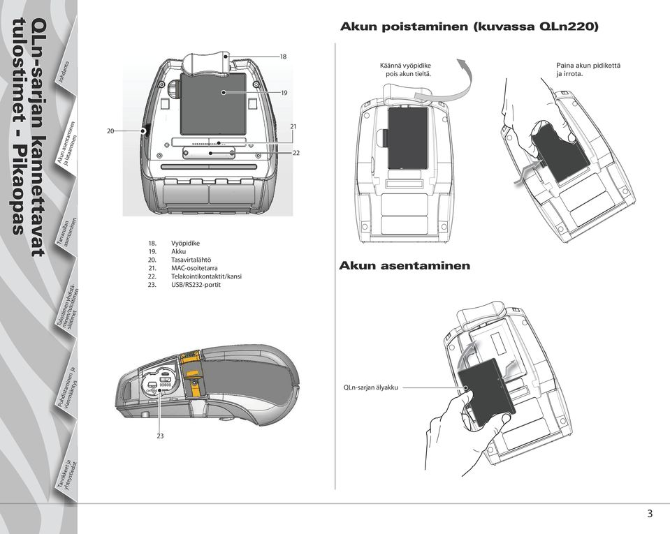 USB/RS232-portit 18 19 21 22 Akun poistaminen (kuvassa QLn220)