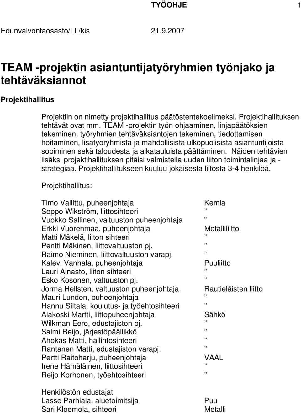 sopiminen sekä taloudesta ja aikatauluista päättäminen. Näiden tehtävien lisäksi projektihallituksen pitäisi valmistella uuden liiton toimintalinjaa ja - strategiaa.