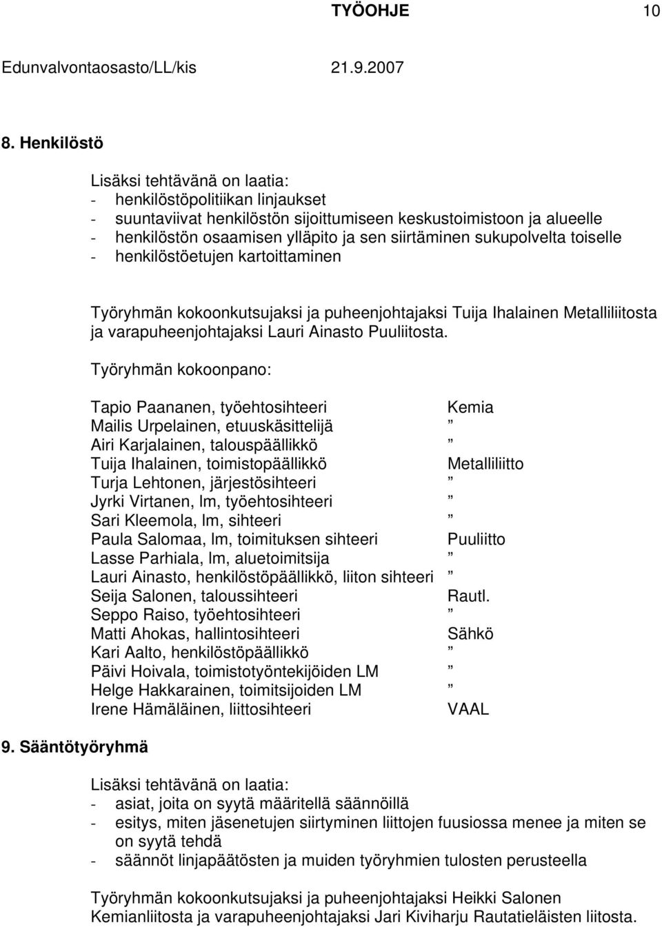 henkilöstöetujen kartoittaminen 9. Sääntötyöryhmä Työryhmän kokoonkutsujaksi ja puheenjohtajaksi Tuija Ihalainen Metalliliitosta ja varapuheenjohtajaksi Lauri Ainasto Puuliitosta.