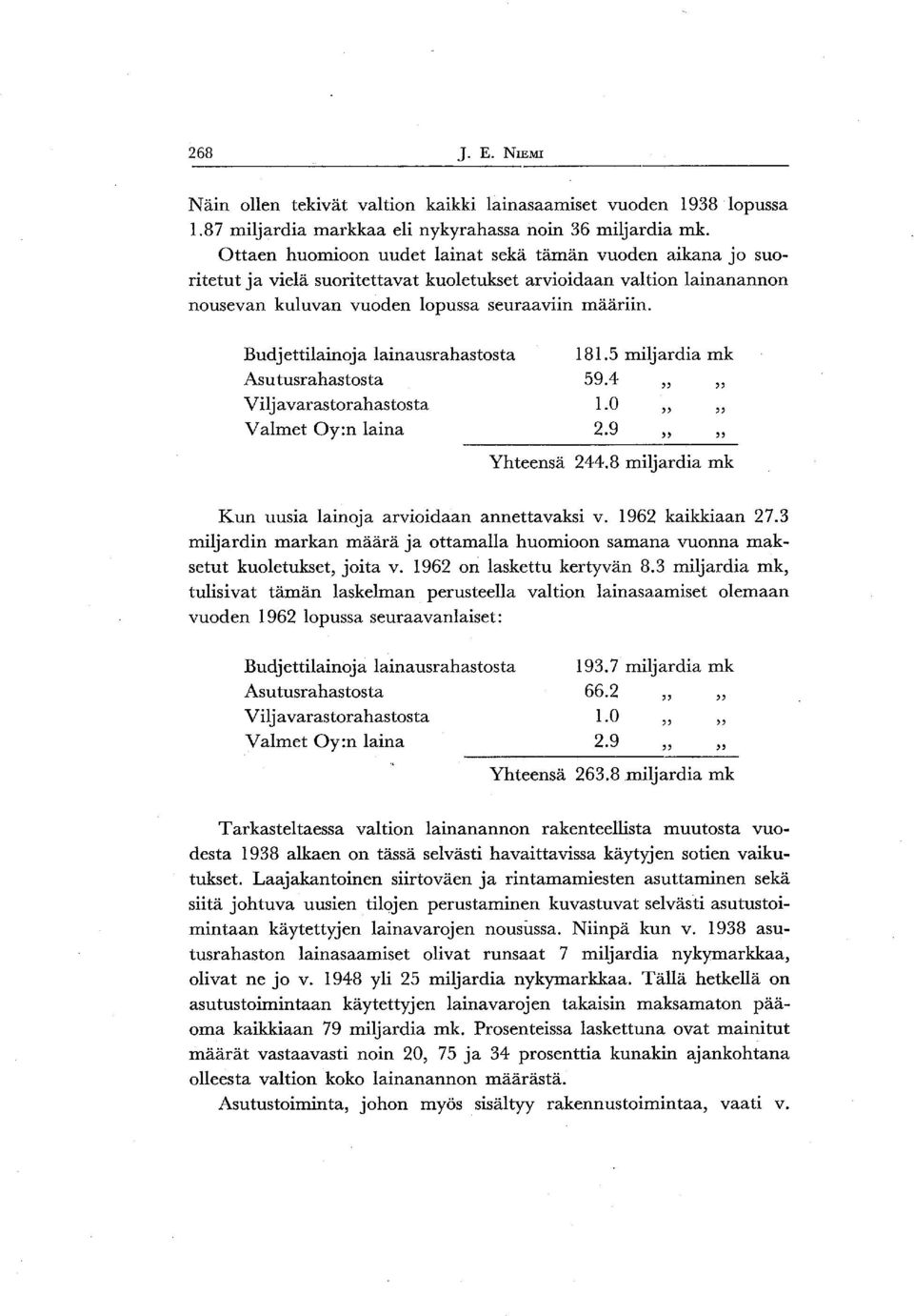 Budjettilainoja lainausrahastosta Asu tusrahastosta Vilj a varastorahastosta Valmet Oy:n laina 181.5 miljardia mk 59.4 " " 1.0 " " 2.9 " " Yhteensä 244.