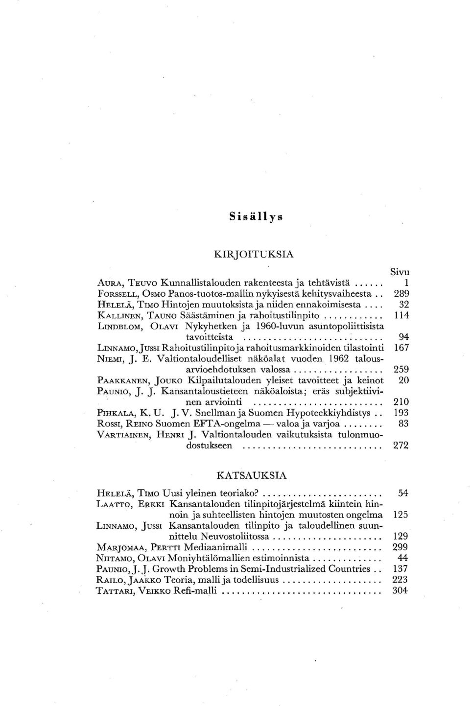 .. 94 LINNAMO,JUSSI Rahoitustilinpitoja rahoitusmarkkinoiden tilastointi 167 NIEMI, J. E. Valtiontaloudelliset näköalat vuoden 1962 talousarvioehdotuksen valossa.