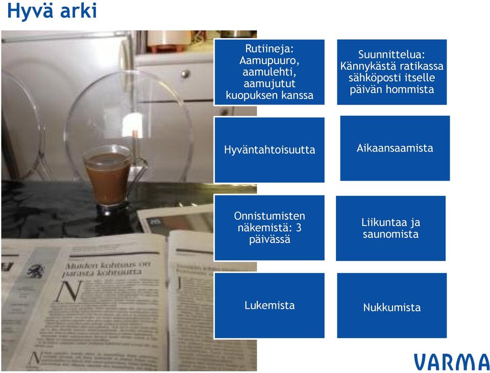 päivän hommista Hyväntahtoisuutta Aikaansaamista Onnistumisten