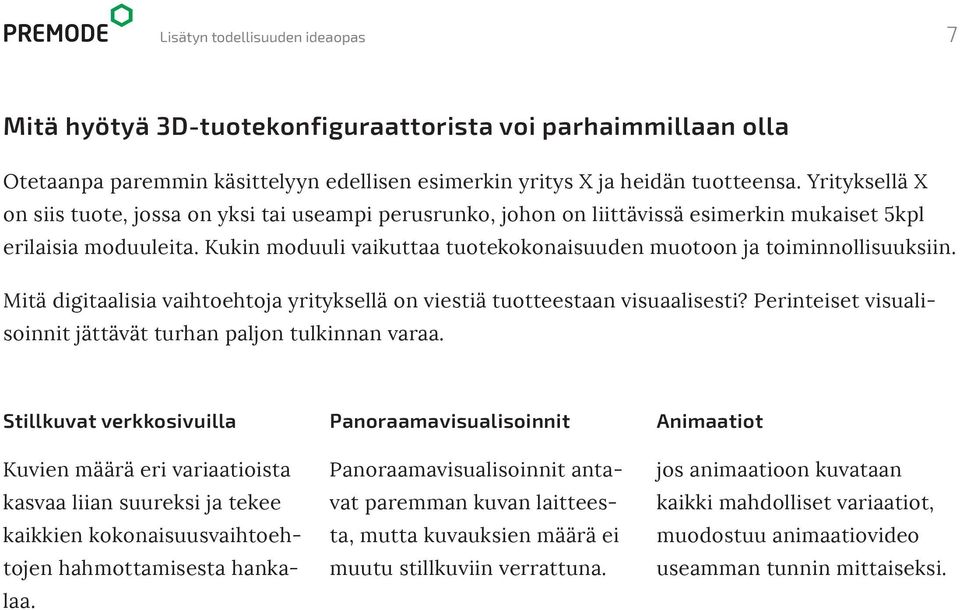 Kukin moduuli vaikuttaa tuotekokonaisuuden muotoon ja toiminnollisuuksiin. Mitä digitaalisia vaihtoehtoja yrityksellä on viestiä tuotteestaan visuaalisesti?