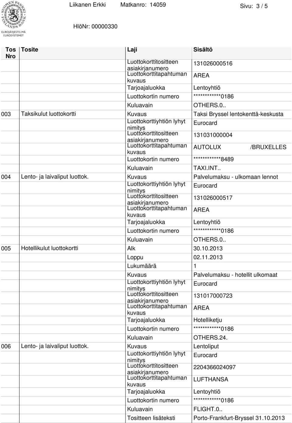 Kuvaus Palvelumaksu - ulkomaan lennot Luottokorttitositteen 131026000517 005 Hotellikulut luottokortti Alk 30.10.2013 Loppu 02.11.