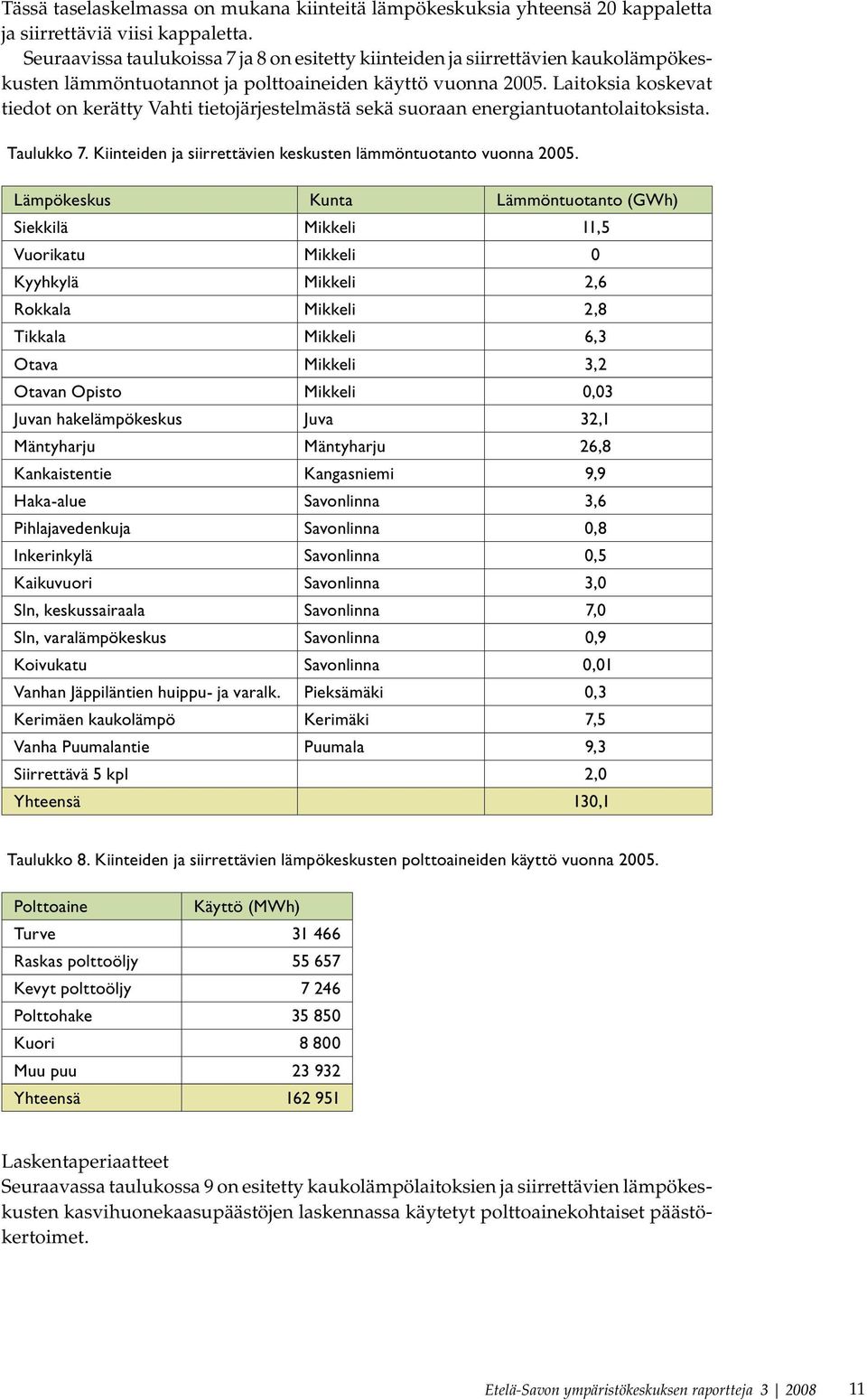 Laitoksia koskevat tiedot on kerätty Vahti tietojärjestelmästä sekä suoraan energiantuotantolaitoksista. Taulukko 7. Kiinteiden ja siirrettävien keskusten lämmöntuotanto vuonna 2005.