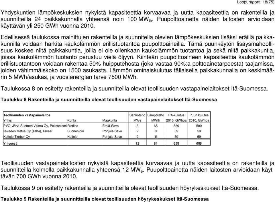 Puupolttoainetta näiden laitosten arvioidaan käyttävän yli 250 GWh vuonna 2010.