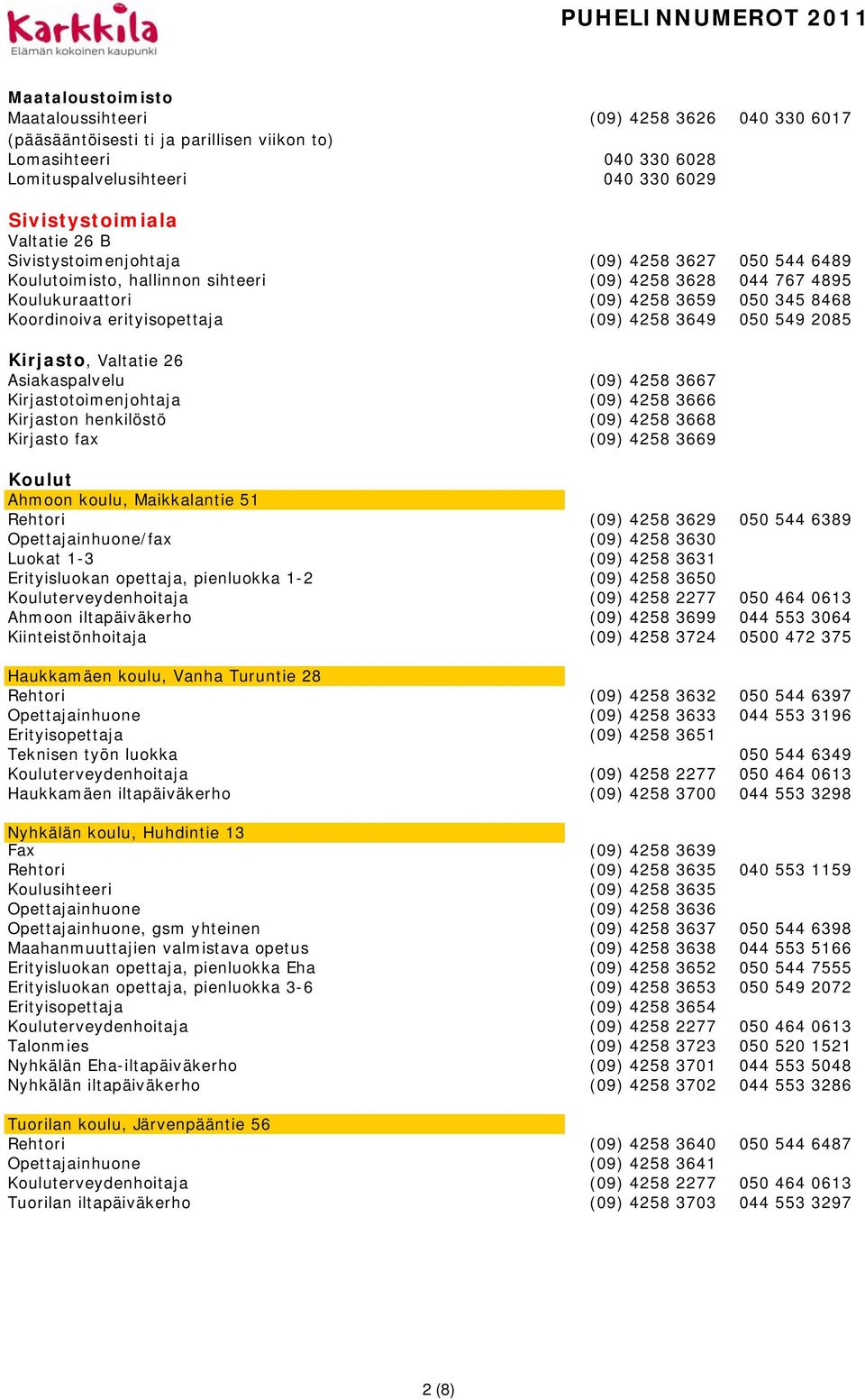 3649 050 549 2085 Kirjasto, Valtatie 26 Asiakaspalvelu (09) 4258 3667 Kirjastotoimenjohtaja (09) 4258 3666 Kirjaston henkilöstö (09) 4258 3668 Kirjasto fax (09) 4258 3669 Koulut Ahmoon koulu,