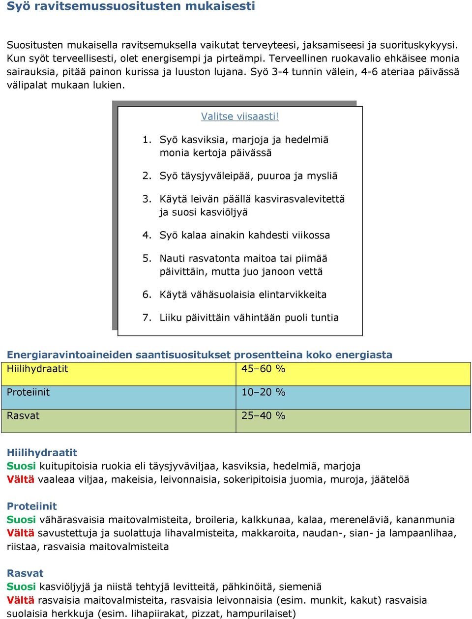 Syö kasviksia, marjoja ja hedelmiä monia kertoja päivässä 2. Syö täysjyväleipää, puuroa ja mysliä 3. Käytä leivän päällä kasvirasvalevitettä ja suosi kasviöljyä 4.