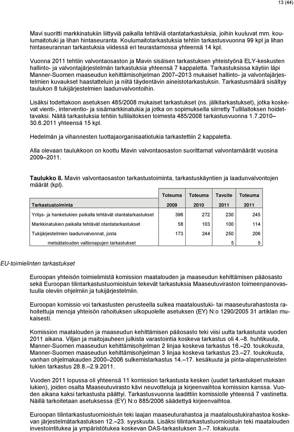 Vuonna 2011 tehtiin valvontaosaston ja Mavin sisäisen tarkastuksen yhteistyönä ELY-keskusten hallinto- ja valvontajärjestelmän tarkastuksia yhteensä 7 kappaletta.