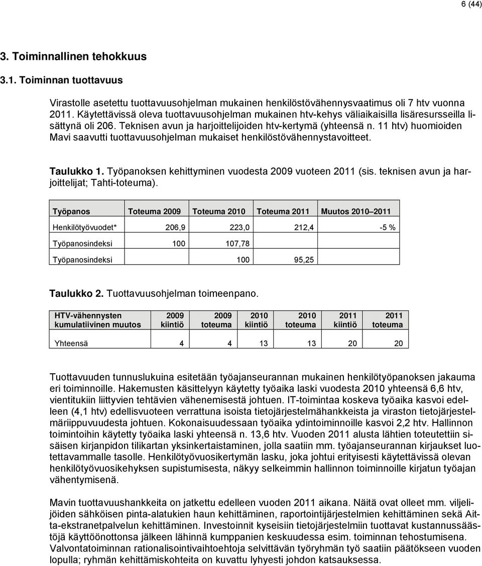 11 htv) huomioiden Mavi saavutti tuottavuusohjelman mukaiset henkilöstövähennystavoitteet. Taulukko 1. Työpanoksen kehittyminen vuodesta 2009 vuoteen 2011 (sis.