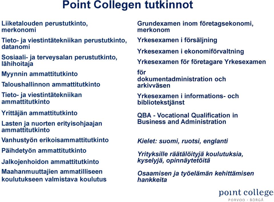 ammattitutkinto Jalkojenhoidon ammattitutkinto Maahanmuuttajien ammatilliseen koulutukseen valmistava koulutus YHTEISKUNNALLISET VAIKUTKSET TYYTYVÄISET ASIAKKAAT Grundexamen inom företagsekonomi,