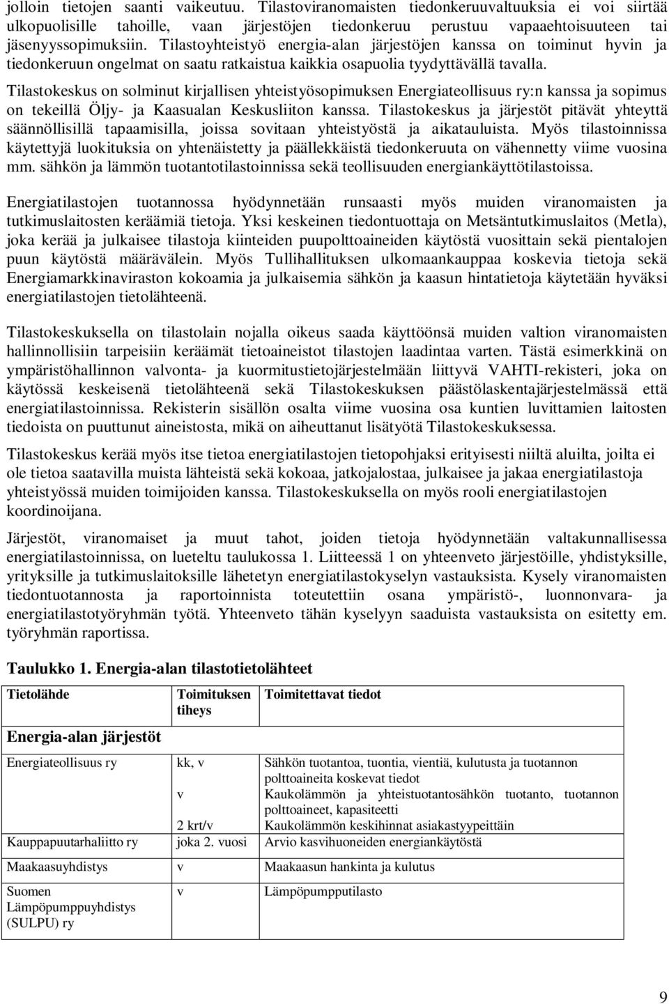 Tilastokeskus on solminut kirjallisen yhteistyösopimuksen Energiateollisuus :n kanssa ja sopimus on tekeillä Öljy- ja Kaasualan Keskusliiton kanssa.